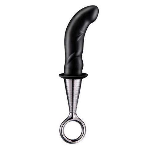 Чёрный изогнутый ребристый анальный плаг ANAL PLUG WITH PLATED HANDLE